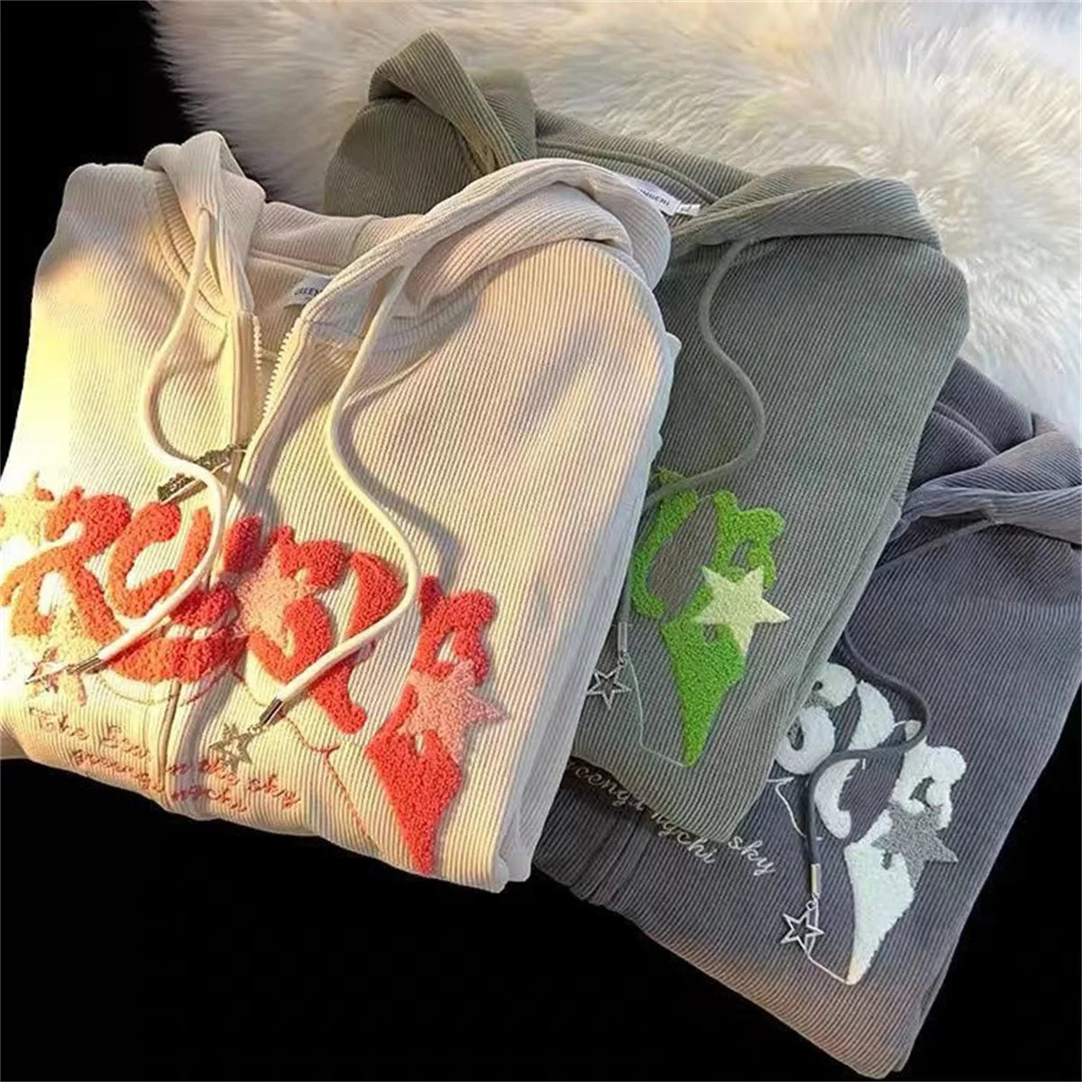 Embroidery Harajuku Zip-Up Hoodies