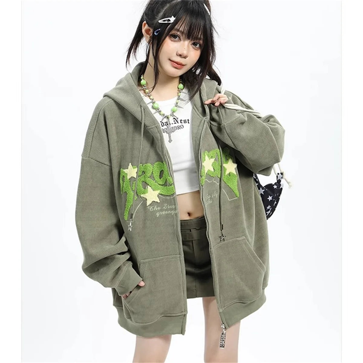 Embroidery Harajuku Zip-Up Hoodies