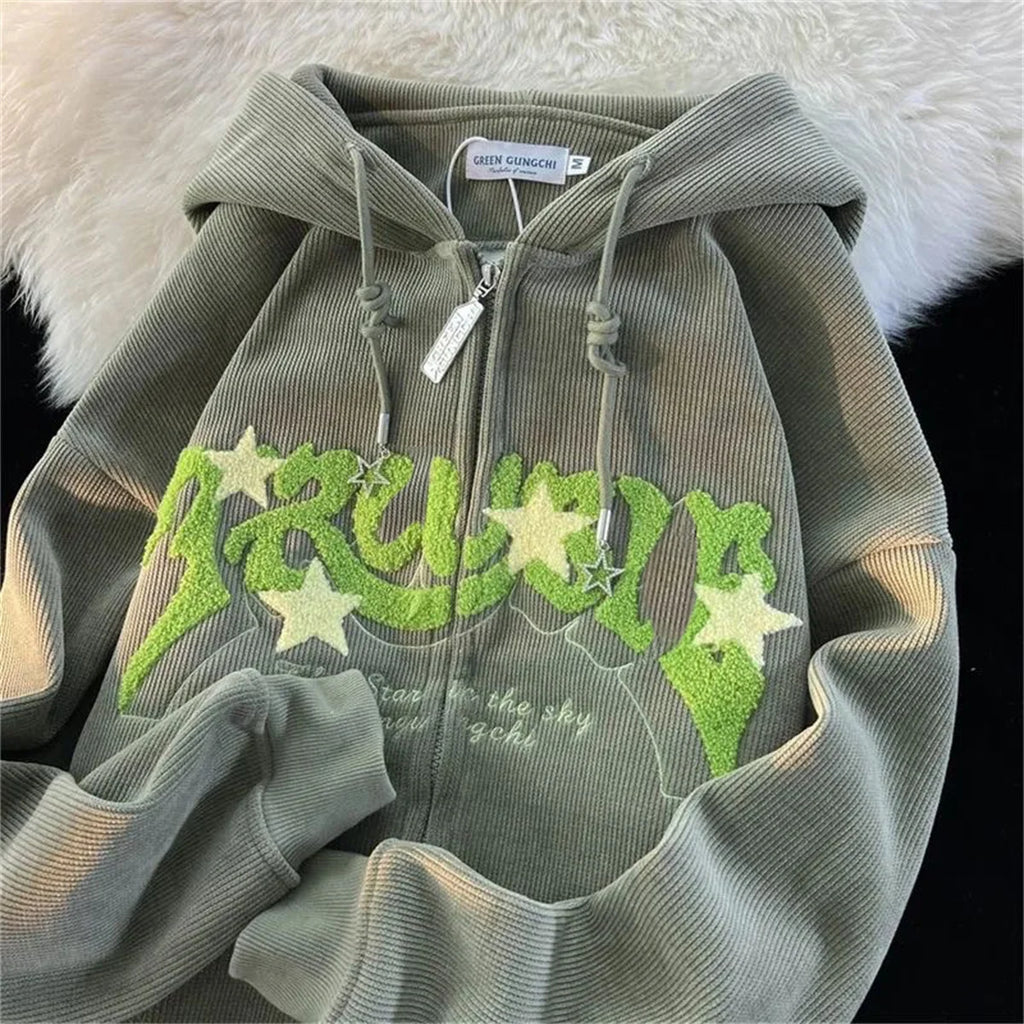 Embroidery Harajuku Zip-Up Hoodies